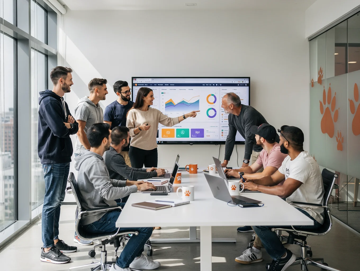 Agency team discussing website performance metrics with a client